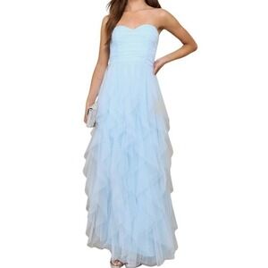 LULUS Strapless Tiered Maxi Gown Tulle Formal Dress‎ Light Blue Size S